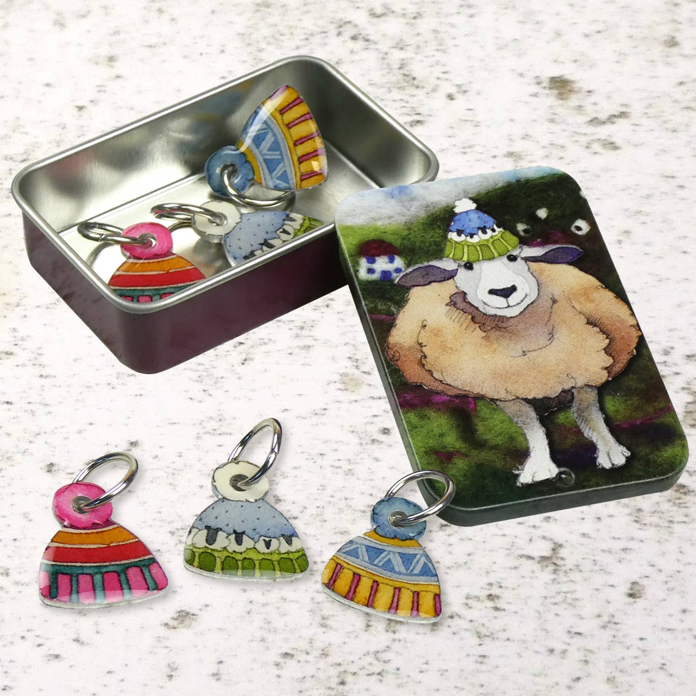 6 Maschenmarkierer "Hüte" in einer Dose