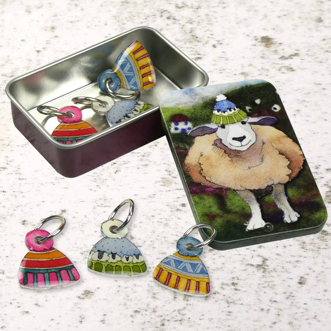 6 Maschenmarkierer "Hüte" in einer Dose